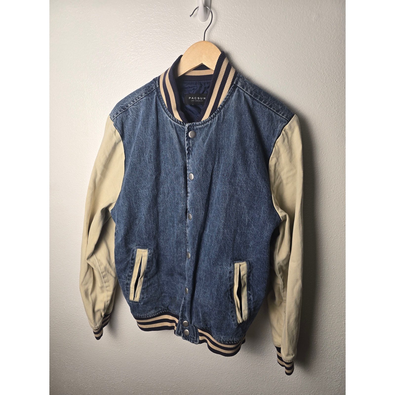 Pacsun Denim Varsity Bomber Jacket Mens M Blue Cream Snap Quilted Lined — image 2 of 4